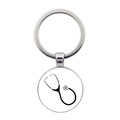 Silver metal keychain featuring a round pendant with a black medical stethoscope icon - Black Line Stethoscope (JY005472-14)