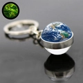 Macro view of luminous Earth glass ball keychain showing green glow effect in the dark - Earth (JY005253-2)