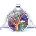 Detailed view of silver tree of life pendant with colorful heart leaves and glass cabochon - Multicolor Heart Tree (JY005355-1)