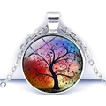 Detail of silver tree of life glass pendant with vibrant colorful gradient background - Red Blue Yellow Gradient Tree (JY005355-2)