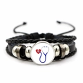 Detail of medical nurse bracelet with leather straps and heart stethoscope glass charm - Blue Stethoscope Heart Pattern (JY005480-1)