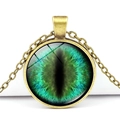 Vintage bronze dragon eye necklace with a detailed green iris glass cabochon pendant - Emerald Green Pupil (JY005357-5)