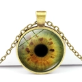 Vintage bronze dragon eye necklace with green glass pendant and retro metal chain links - Realistic Green Iris (JY005357-6)