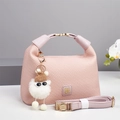 Pink woven texture mini pillow bag with golden clover logo and plush monster charm - 24x10x16cm / Pink