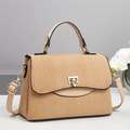 Detailed view of woven straw handbag with a golden metal twist-lock and top handle - 25*11-17 / Khaki