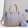 Sac cabas en toile sergé bleu et blanc avec finitions en cuir kaki et porte-cartes - Ensemble de 2 pièces (30cmx12cmx22cm) / Bleu