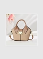 Close-up of khaki woven texture and brown leather details on the bucket shoulder bag - Khaki