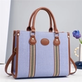 Sac fourre-tout tissé bleu et blanc avec anses en cuir marron et rubans rayés - 32cm x 12cm x 25cm / Bleu