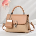 Fashionable macaron brown leather and woven tote bag with silver buckle and mini charm - Light Khaki