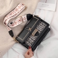Black leather and tweed crossbody bag with golden buckle and embroidered strap - Black