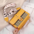 Fashionable yellow canvas tote with leather weave and floral wide shoulder strap - Yellow