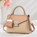 Minimalist square crossbody handbag with woven texture and a miniature charm pendant - Light Khaki