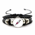 Detail of multi-layer leather bracelet featuring medical syringe glass dome and metal beads - Pink Syringe (JY005480-9)