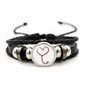 Detail of woven leather bracelet featuring a red heart stethoscope glass pendant - Red Heart Stethoscope Pattern (JY005480-12)