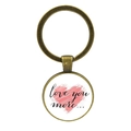 Detail of bronze metal keychain with 'Love you more' glass pendant and pink heart - Love You More Pink Heart (JY005474-8)