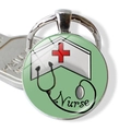 Detail of metal keychain with nurse hat and stethoscope glass cabochon pendant - Nurse Word and Hat (JY005477-7)