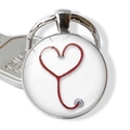 Nurse themed keychain with heart stethoscope medical pattern on silver metal ring - Red Heart Stethoscope Design (JY005477-12)