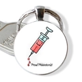 Silver round keychain with Proud Phlebotomist print and cartoon syringe illustration - Proud Phlebotomist Cartoon Syringe (JY005477-13)