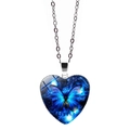 Detail of heart pendant necklace with blue butterfly pattern and silver chain - Fantasy Starry Sky Butterfly (PSXL001453-2)