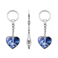 Silver heart keychain with blue glowing butterfly crystal stone in a three-view display - Dark Blue Glow Butterfly Style (JY005591-6)