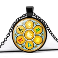 Detail of round glass pendant with yellow lotus and colored Tibetan mantra symbols - Bright Yellow Lotus Six Syllable Mantra (JY005539-1)