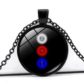 Macro detail of round glass pendant with vibrant mantra symbols on black metal chain - Black Base Vertical Tricolor Glowing Mantra (JY005539-8)