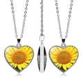 Close-up of heart-shaped sunflower pendant necklace with silver chain on white background - Bright Yellow Illustration Style (JY005549-5)