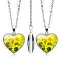Detail view of heart-shaped sunflower necklace with silver metal finish and double-sided pendant - Flower Sea Landscape Style (JY005549-6)