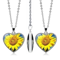 Detailed views of double-sided heart sunflower pendant necklace with silver chain - Fresh Minimalist Style (JY005549-9)