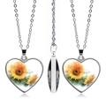 Detailed views of heart-shaped sunflower pendant necklace from multiple angles - Watercolor Style (JY005549-10)