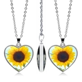 Double-sided heart sunflower pendant necklace in silver finish shown from multiple angles - Classic Heart Sunflower Style (JY005549-12)
