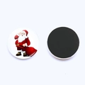 Detailed front and back view of a round 25mm Christmas Santa Claus glass fridge magnet - Santa Carrying Gift Bag (JY005886-9)