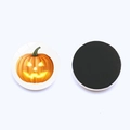 Detailed front and back view of a 30mm magnetic Halloween Jack-O-Lantern glass fridge magnet - Bright Orange Jack-o'-lantern (JY005894-2)