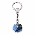 Macro view of Christmas keychain showing Santa and reindeer sleigh under glass dome - Santa Claus Driving Reindeer Sleigh (JY005852-2)