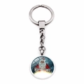Detailed view of silver metal keychain featuring a round Santa Claus charm pendant - Smiling Santa Claus (JY005852-6)