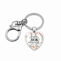 Detail of silver heart keychain with I am with YOU always engraved text and floral motif - I Am With You Always (JY005927-8)
