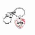 Detail of heart keychain with 'I am with YOU always' engraving and floral motif - I Am With You Always White (JY005927-17)