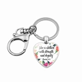 Detail view of heart pendant keychain with Proverbs 31:25 verse and floral design - She Is Clothed With Strength (JY005927-22)