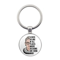 Detail of RBG keychain featuring famous quote on a polished silver metal pendant - Women Belong In Decisions Quote (JY006024-6)