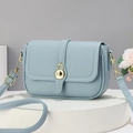 Stylish light blue lychee pattern leather crossbody bag with gold round metal buckle - Blue