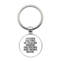 Detail of silver keyring featuring 'Women belong in places where decisions are being made' quote - Jy006024-12