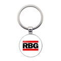 Close-up of silver keychain pendant with RBG lettering and red stripe details - RBG Red Stripe Letters (JY006024-13)