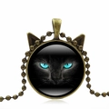 Vintage bronze cat ear necklace with black cat glass cabochon on a long beaded chain - Cat Ear Glass Pendant (S7642-Bronze) / Bronze