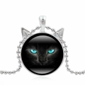 Retro cat ear necklace with black cat glass pendant and silver ball chain accessory - Cat Ear Glass Pendant (S7642-Silver) / Silver