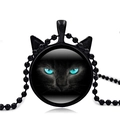 Vintage black cat time gem necklace with cat-ear pendant and turquoise eyes on bead chain - Cat Ear Glass Pendant (S7642-Black) / Black
