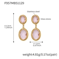 Detail view of pink glass stone drop earrings in stainless steel with size measurements - Pink (Gold Base)