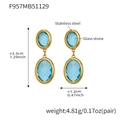 Detail of 18k gold plated stainless steel earrings with blue faceted glass stones and dimensions - Lake Blue (Gold Base)
