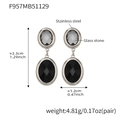 Gold plated stainless steel drop earrings featuring black and grey oval glass stones - Black (Steel Base)