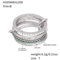 Anello a fascia in acciaio argento con zirconi bianchi e verdi e ciondolo lucchetto - Multistrato Sovrapposto Tipo B (A395) / Color Acciaio / US 7