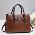 Minimalist brown pebbled PU leather tote bag with gold metal buckle for women's office style - 29x12x22cm / Brown